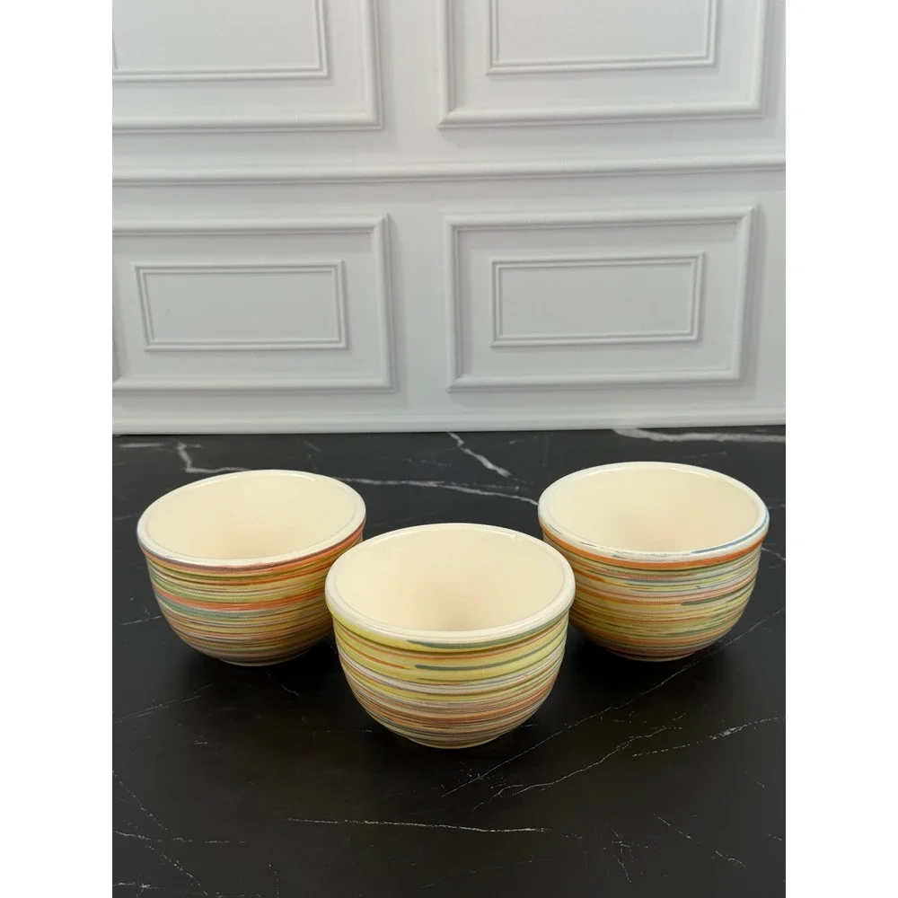 Set of 3 Faiancas Ideal Portugal Hand Painted Striped Ceramic Dessert Bowls